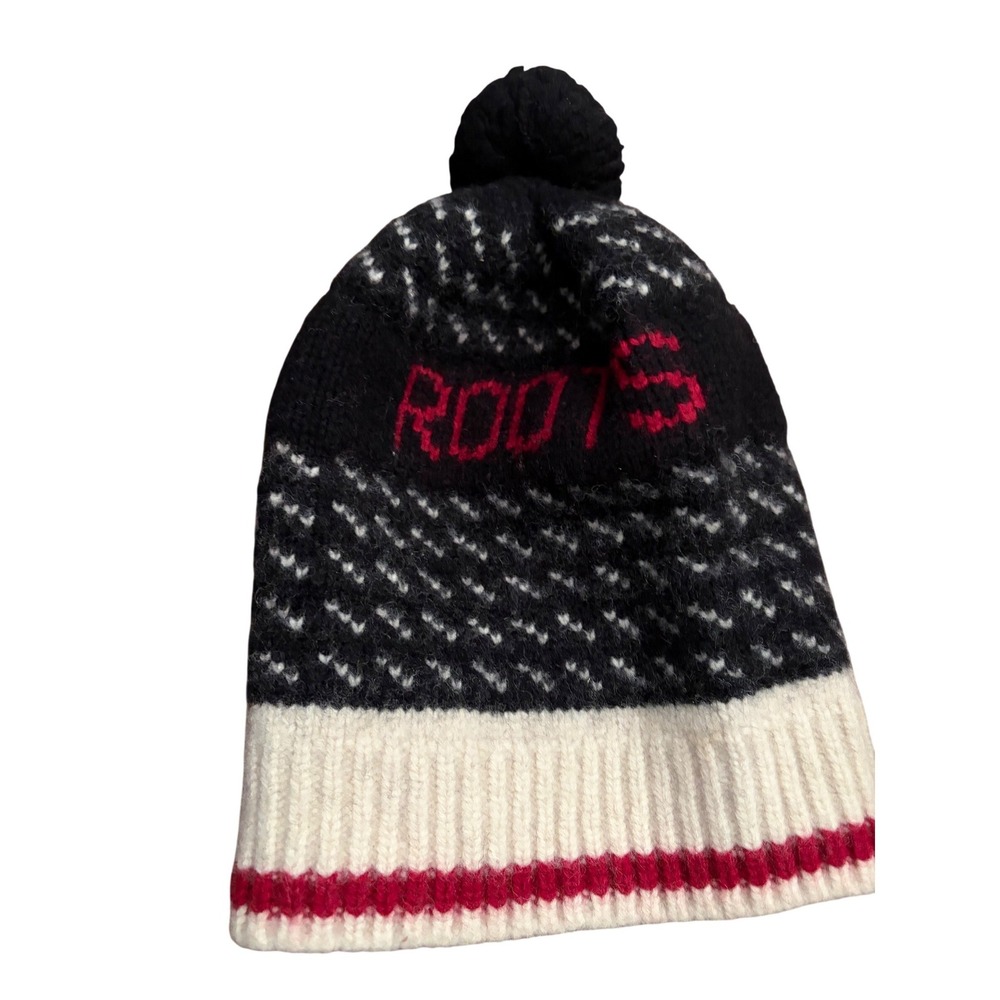 Roots Canada Lambswool Blend Fair Isle Beanie Pom Pom Hat Black Red‎ White O/S